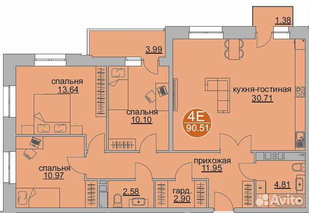 4-к квартира, 90.5 м², 3/18 эт.