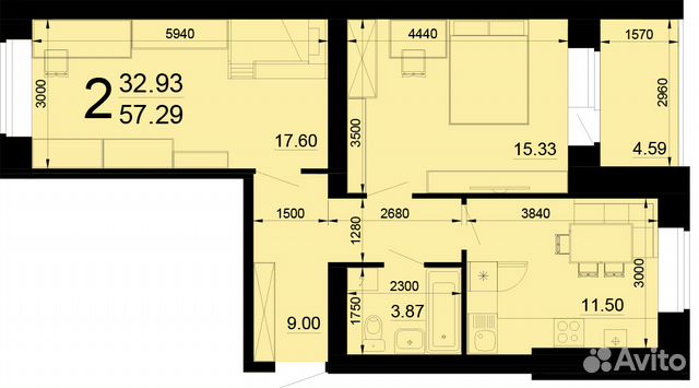 2-к квартира, 62.5 м², 5/5 эт.