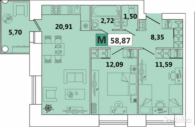 2-к квартира, 59 м², 2/9 эт.