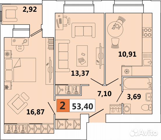 2-к квартира, 53 м², 6/9 эт.