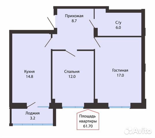 2-к квартира, 61.7 м², 6/16 эт.