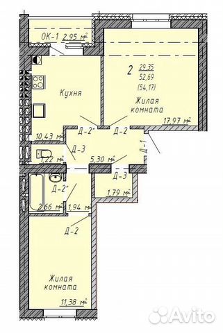 2-к квартира, 54 м², 1/5 эт. 2-к квартира, 54 м², 1/5 эт.