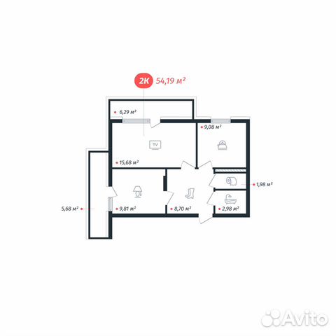 2-к квартира, 54.2 м², 12/15 эт.