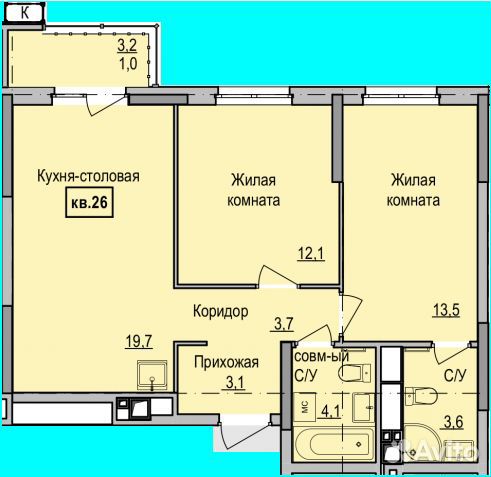 2-к квартира, 60.8 м², 4/13 эт.