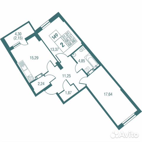 2-к квартира, 68.7 м², 3/25 эт.