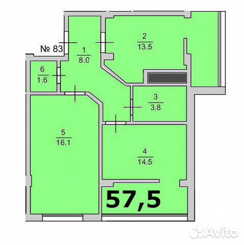 2-к квартира, 57.5 м², 6/8 эт.