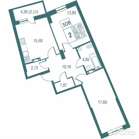 2-к квартира, 68.7 м², 19/25 эт.