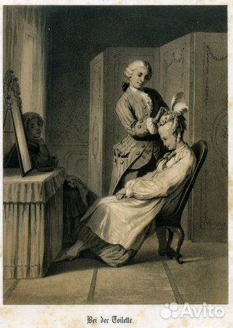 Старинная литография 1858 г. парикмахер барбершоп