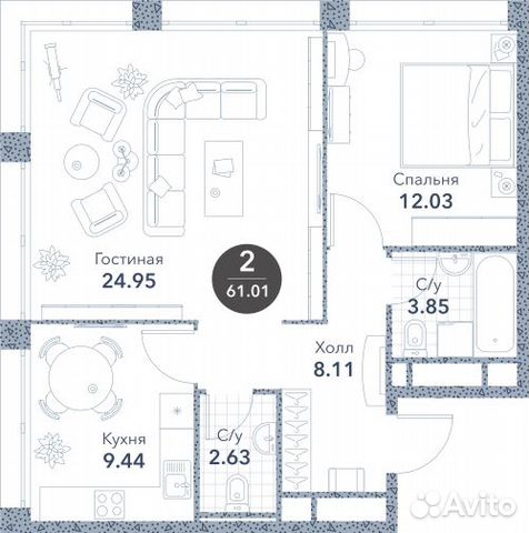 2-к квартира, 61 м², 19/20 эт. 2-к квартира, 61 м², 19/20 эт.
