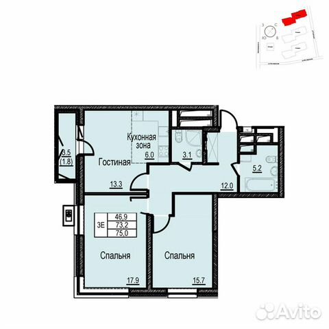 2-к квартира, 75 м², 18/35 эт.