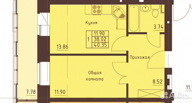 1-к квартира, 40.4 м², 2/9 эт.