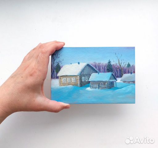 Картина маслом Зимний пейзаж с деревенским домиком