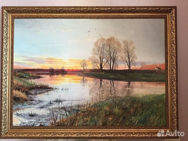 Картина Закат на озере. Холст на картоне масло 60