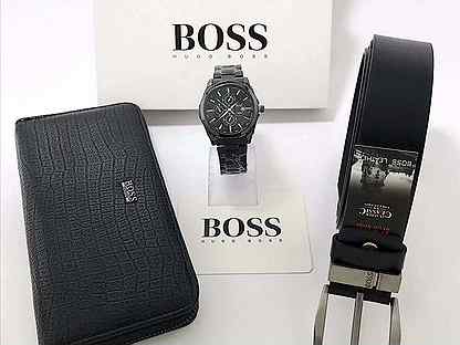 Мужской набор boss 3в1 часы+ремень+портмоне