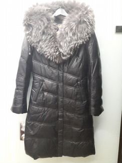 Кожанный пуховик с меховым воротником