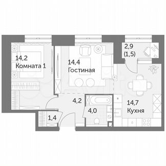 2-к квартира, 54.4 м², 2/38 эт.