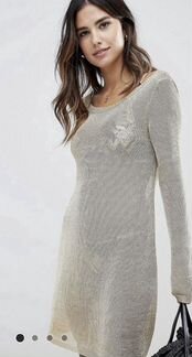 Вязаное сетка Бежевое золотая Платье пляжное сетка