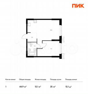 1-к апартаменты, 44.9 м², 25/28 эт.
