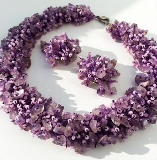 Новый комплект украшений, колье, клипсы - аметист