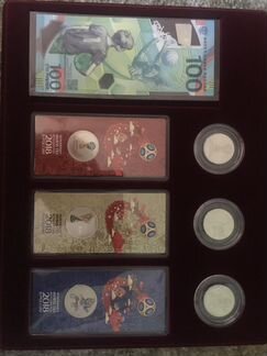 Набор монет и купюра чм 2018 на бархате