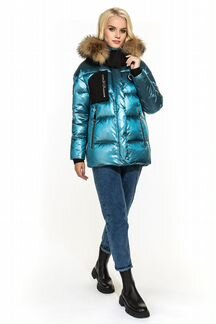 Блестящий пуховик с мехом 021-105 р.46 новый