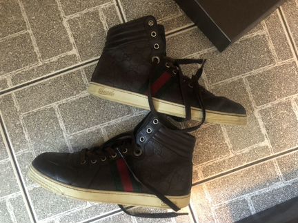 Кеды высокие gucci коричневые кожаные/Gucci sneake