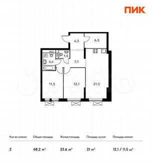 2-к квартира, 68.2 м², 2/33 эт.