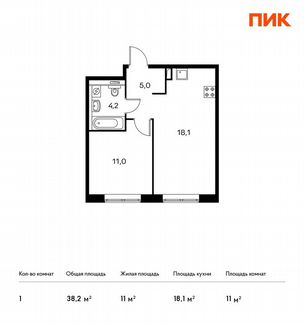 1-к квартира, 38.2 м², 14/14 эт.